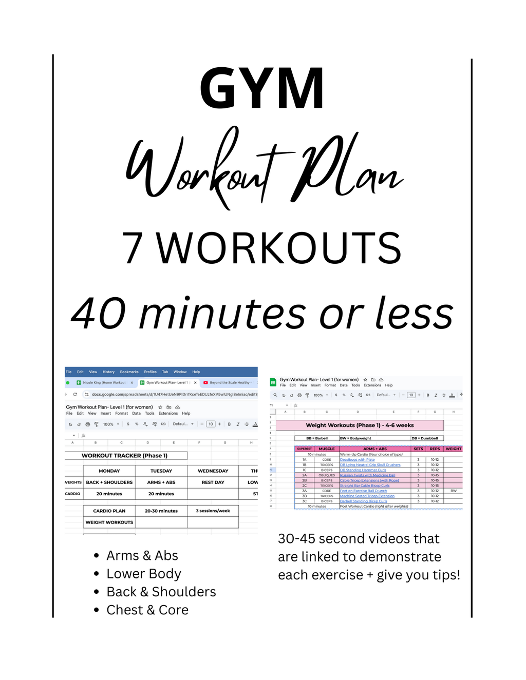 Gym Workout Plan (Level 1) - for women